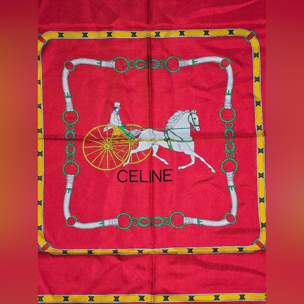 Celine Red, Blue, White And Gold 100% Silk Scarf 26x26 - Picture 2 of 4